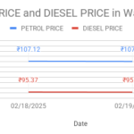 The graph shows Petrol and Diesel prices in Warangal, Telangana on 19th February 2025.