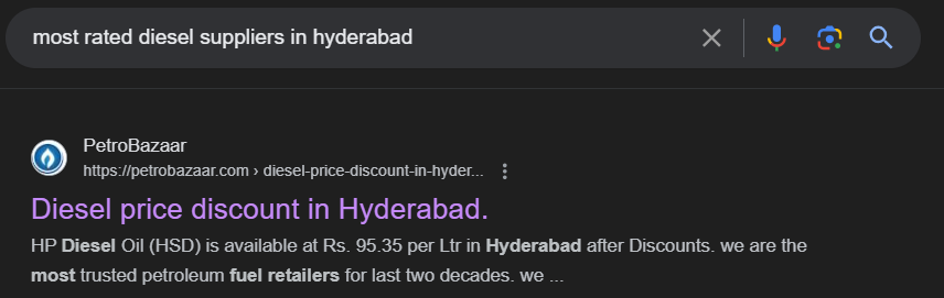 The image shows the best rated diesel supplier in Hyderabad, Telangana.