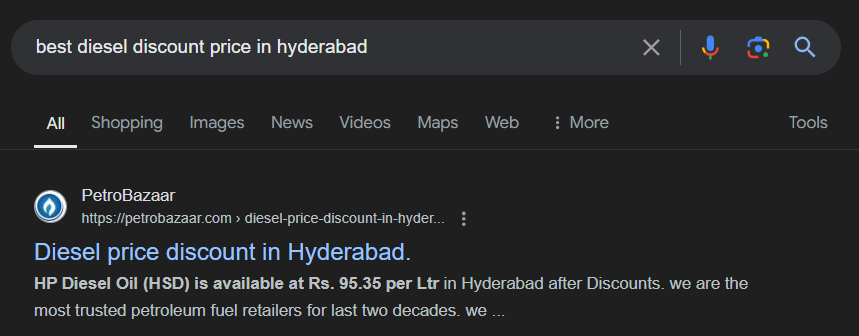 The picture shows best diesel and petrol discount prices in Hyderabad, Telangana.