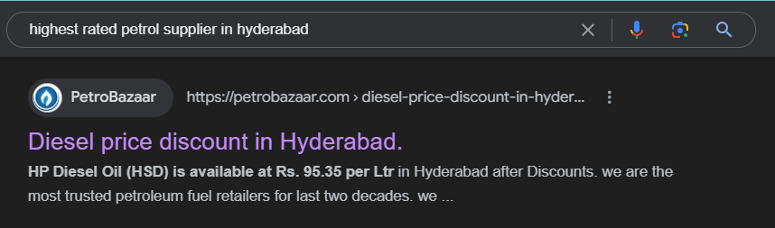 The image shows highest rated petrol supplier in Hyderabad, Telangana.