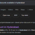 The image shows petrol and diesel price discounts offered by petrobazaar in Hyderbad, Telangana