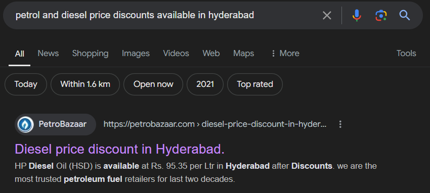 The image shows petrol and diesel price discounts offered by petrobazaar in Hyderbad, Telangana