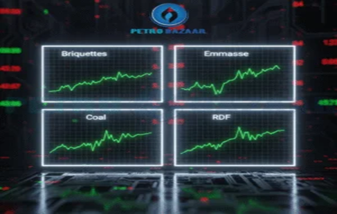 image shows dashboard with four line graphs labelled 'Briquettes', 'Emmase', 'Coal', 'RDF'