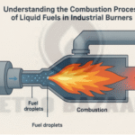 The above image shows how liquid fuel burns in an industrial burner from fuel entering the burner, breaking into small droplets, burning as a flame, and leaving through the exhaust.