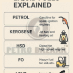 Types of liquid fuels explained infographic showing petrol, kerosene, HSD (high speed diesel), furnace oil (FO), and low sulphur heavy stock (LSHS).