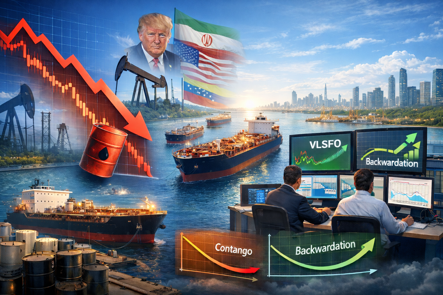 Oil market illustration showing crude price correction, steady tanker flows in Asia, and strengthening fuel oil market structure with backwardation signals.
