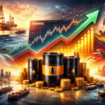 Global crude oil and fuel oil market illustration depicting oil barrels, offshore drilling rigs, tanker ships, and international shipping lanes, reflecting Brent crude price movement, geopolitical supply risks from Iran and Venezuela, Asian fuel oil trading activity, Singapore bunker markets, and rising energy prices across global and Indian markets.