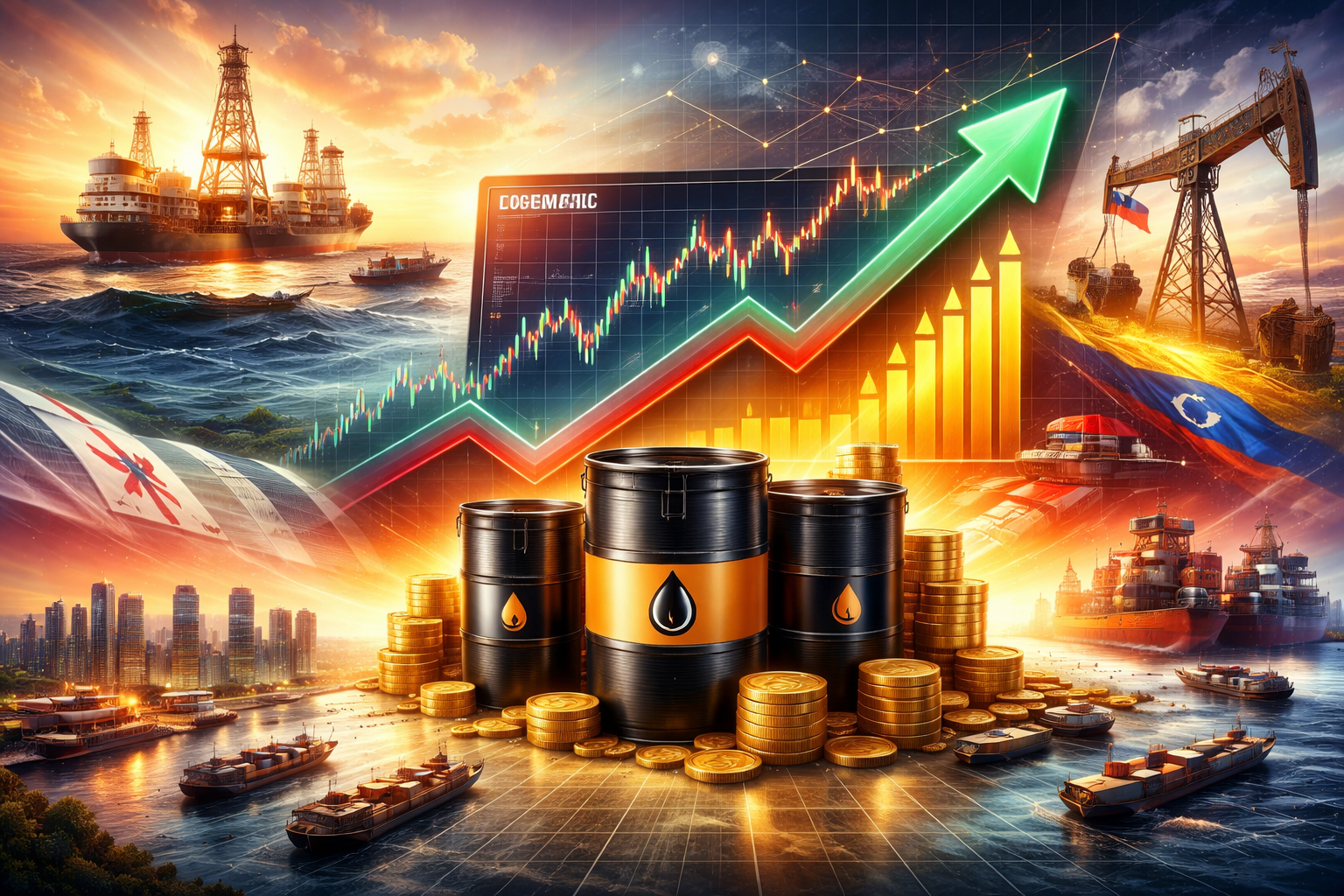Global crude oil and fuel oil market illustration depicting oil barrels, offshore drilling rigs, tanker ships, and international shipping lanes, reflecting Brent crude price movement, geopolitical supply risks from Iran and Venezuela, Asian fuel oil trading activity, Singapore bunker markets, and rising energy prices across global and Indian markets.