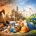 Illustration showing oil and gas infrastructure, petrochemical products, and renewable energy systems highlighting hydrocarbons as essential resources beyond fossil fuels and the global energy transition.
