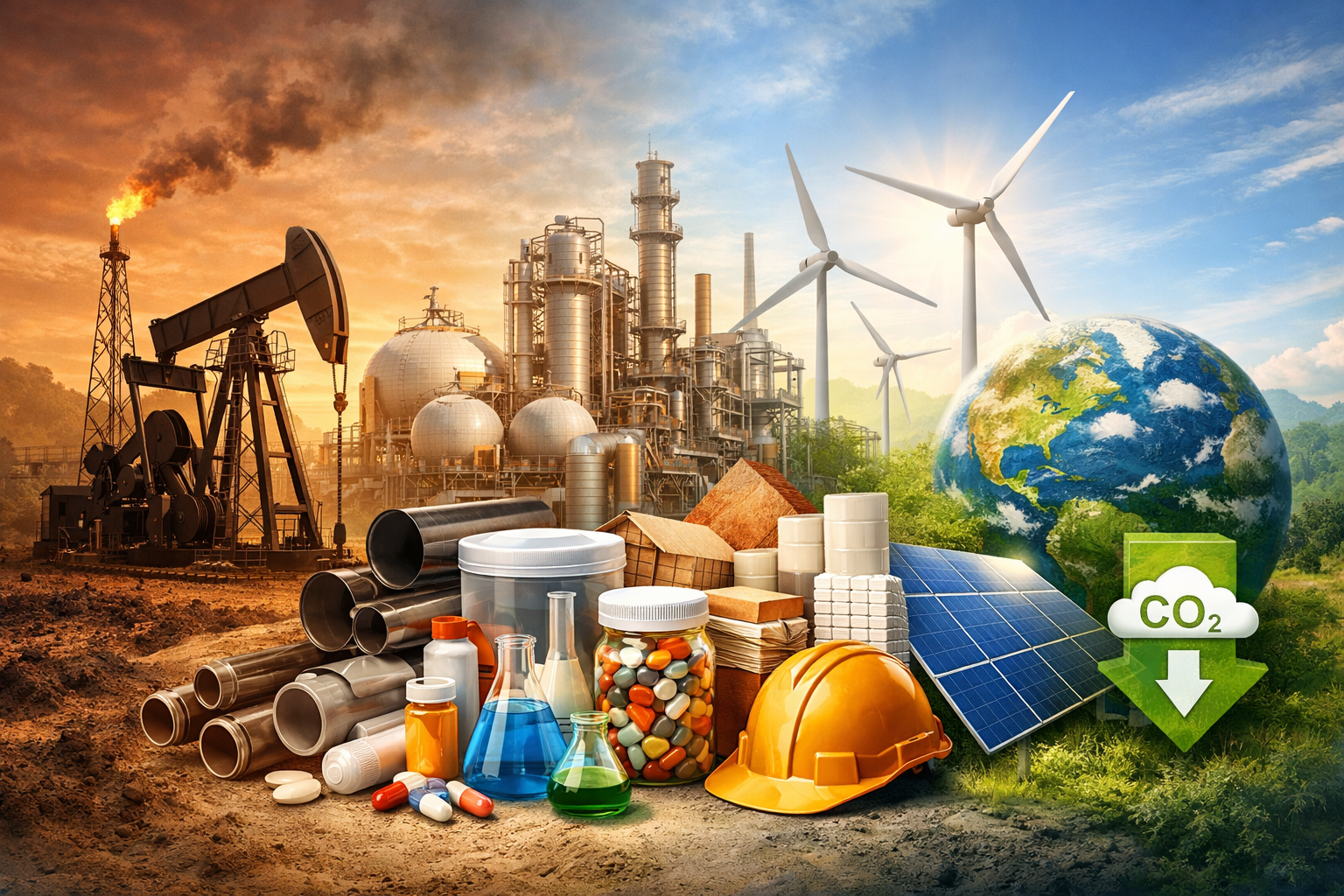 Illustration showing oil and gas infrastructure, petrochemical products, and renewable energy systems highlighting hydrocarbons as essential resources beyond fossil fuels and the global energy transition.