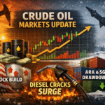 Crude oil market update illustration showing rising oil prices driven by winter demand, geopolitical Iran risk, Kazakh supply disruption, diesel crack spread surge, U.S. inventory build, and ARA Singapore stock drawdowns with bullish futures trend chart.