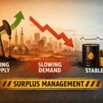 Infographic showing global crude oil market shift to surplus in 2024 with rising oil supply from pumpjacks, slowing demand over a city skyline, and stable oil prices illustrated by barrels and coins, reflecting IEA oil market outlook and balanced post-COVID energy market conditions.