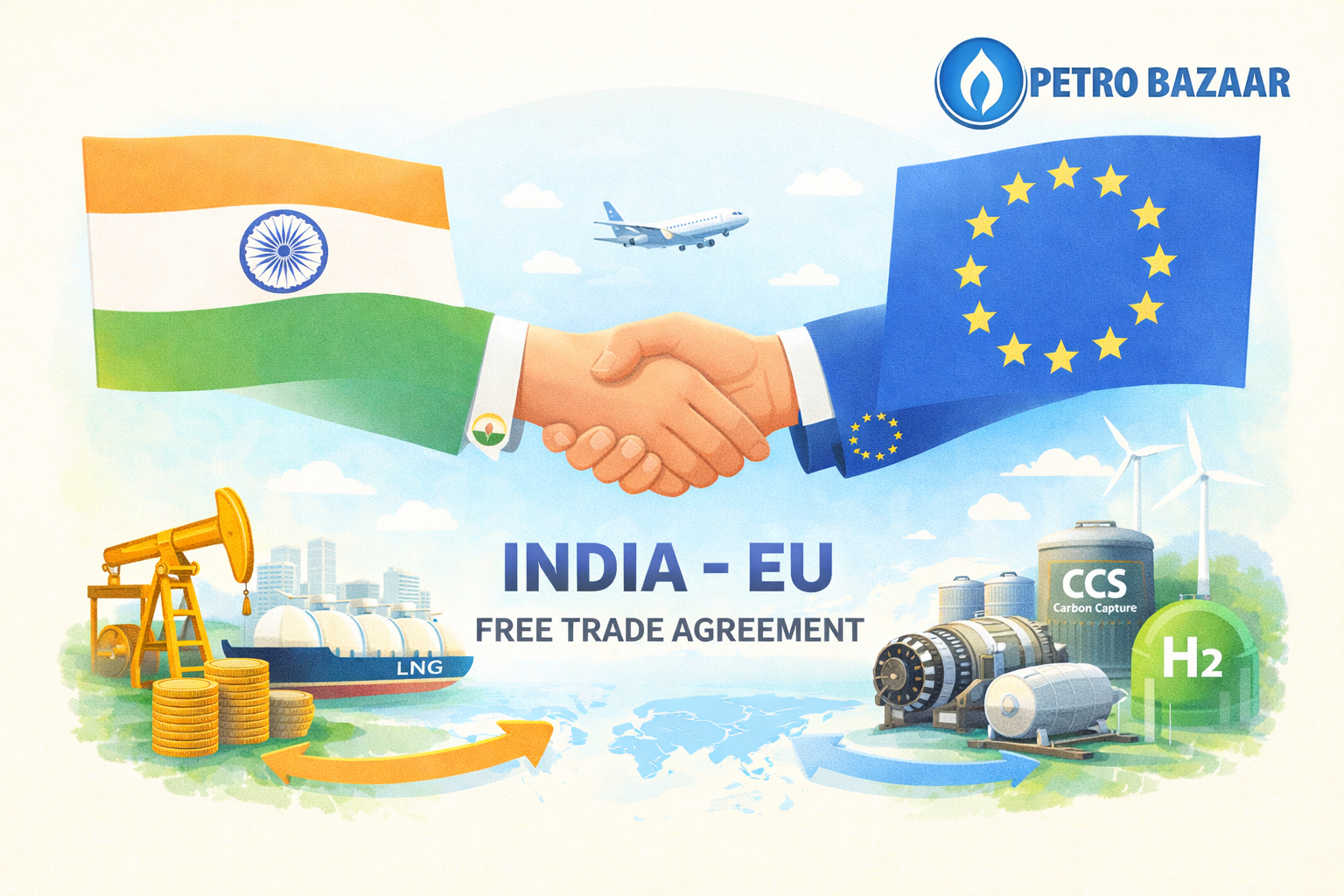India EU Free Trade Agreement oil and gas sector analysis image depicting Indo-European trade partnership, LNG trade, refinery upgrades, petrochemicals, hydrogen economy, carbon capture technology and energy transition, highlighting Petrobazaar as a leading platform for global energy trade insights.