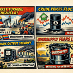 Comic-style infographic illustrating global crude oil market volatility, showing Venezuela oil production disruption, Caracas–U.S. cooperation signals, fluctuating crude prices, OPEC+ maintaining output levels, oversupply concerns, and traders awaiting weekly oil market data.