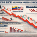 Statistical infographic showing crude oil prices falling sharply, with a single downward trend line, pumpjack silhouette, U.S. and Venezuela flags highlighting a $2 billion crude oil deal, hedge fund positions at multi-year lows, low trading volumes, EIA data indicating U.S. crude stock draw and rising product inventories, signaling supply pressure and weakening market sentiment.