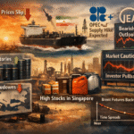 Oil market analysis infographic showing crude oil prices slipping, Brent futures backwardation, OPEC+ supply hike expectations, bearish IEA demand outlook, U.S. crude inventory surge, ARA Europe stock drawdowns, high Singapore distillate stocks, and investor pullback in global energy markets.