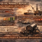 IEA February Oil Market Report infographic highlighting 2026 global oil demand downgrade of 850,000 bpd, projected 2.4 Mbpd supply increase to 108.6 Mbpd, rising global inventories to 2020 levels, estimated 4 Mbpd oil surplus, and volatile crude price outlook amid oversupply and demand uncertainty.