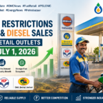 Two men at a gas station smiling and giving a thumbs up beside company logos as a banner proclaims India lifts petrol and diesel sales restrictions from July 1, 2026.