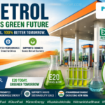 E20 petrol in India with 20% ethanol blended fuel, petrol pump, fuel testing laboratory, Indian tricolor and green energy concept