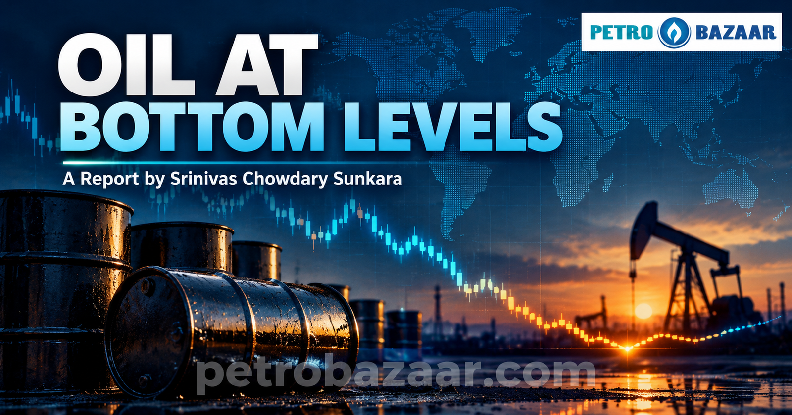 Oil at Bottom Levels – crude oil market analysis by Srinivas Chowdary Sunkara, featuring oil barrels, price charts and global petroleum markets.